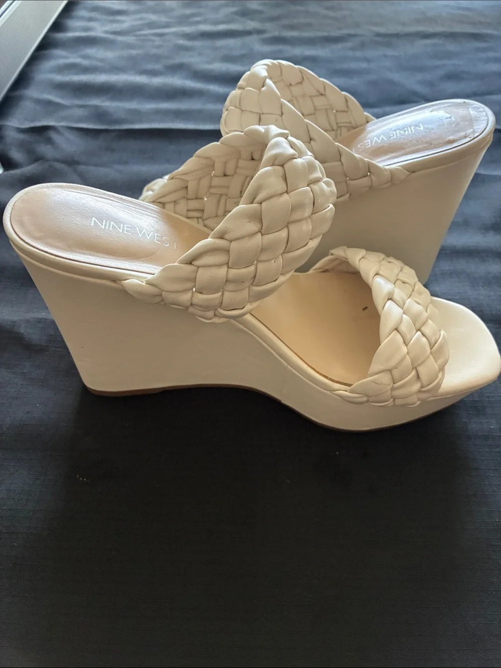 Nine West Cream Braided Double-Strap Wedge Sandals